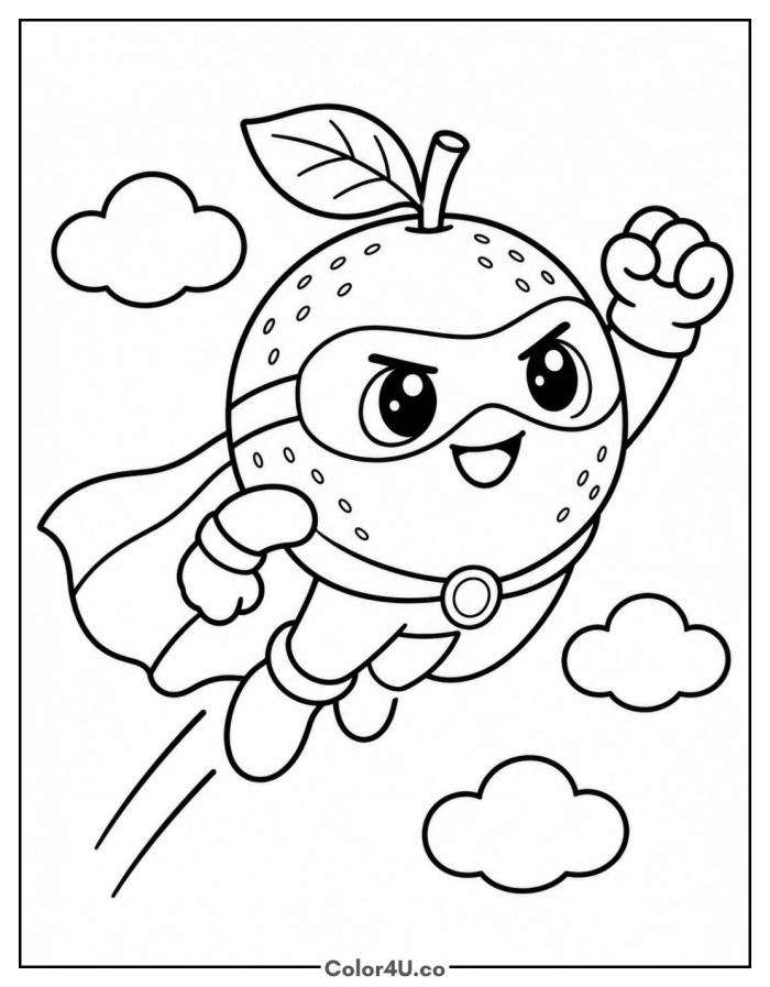 Orange superhero flying with a cape and mask, easy orange coloring page, free printable