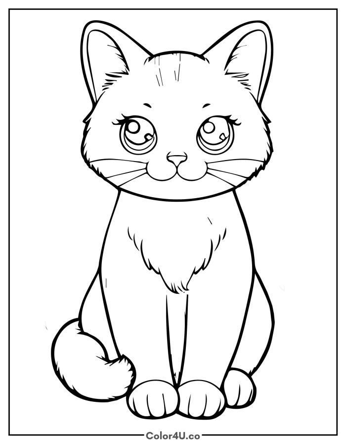 Cartoon cat with big sparkly eyes sitting up, easy cat coloring page, free printable