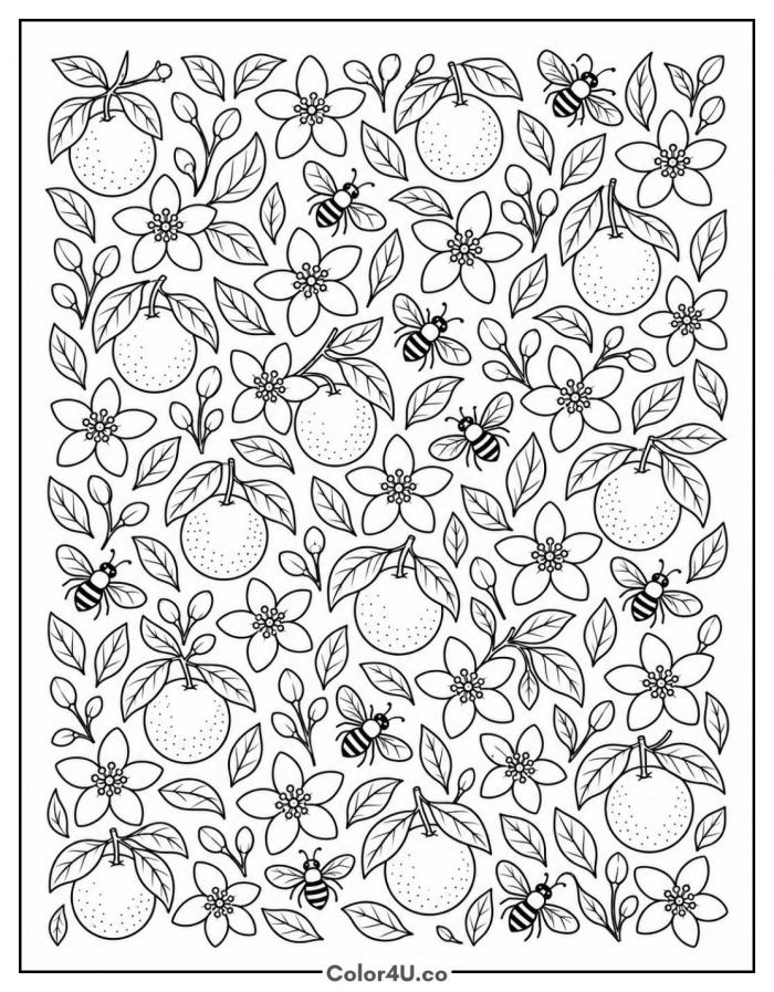 Orange blossom and bee pattern, detailed orange coloring page, free printable