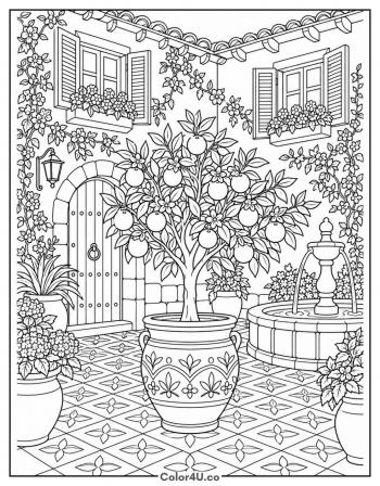 Orange Tree in a Mediterranean Courtyard coloring page