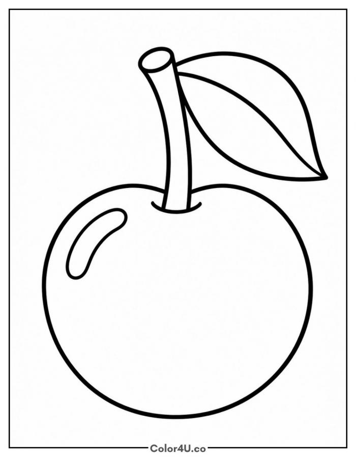 Single cherry with a big leaf, easy cherry coloring page, free printable