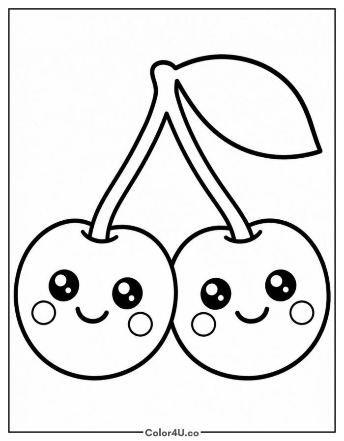 Kawaii cherry twins with smiling faces, easy cherry coloring page, free printable