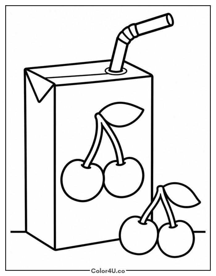 Cherry juice box with a bendy straw, easy cherry coloring page, free printable