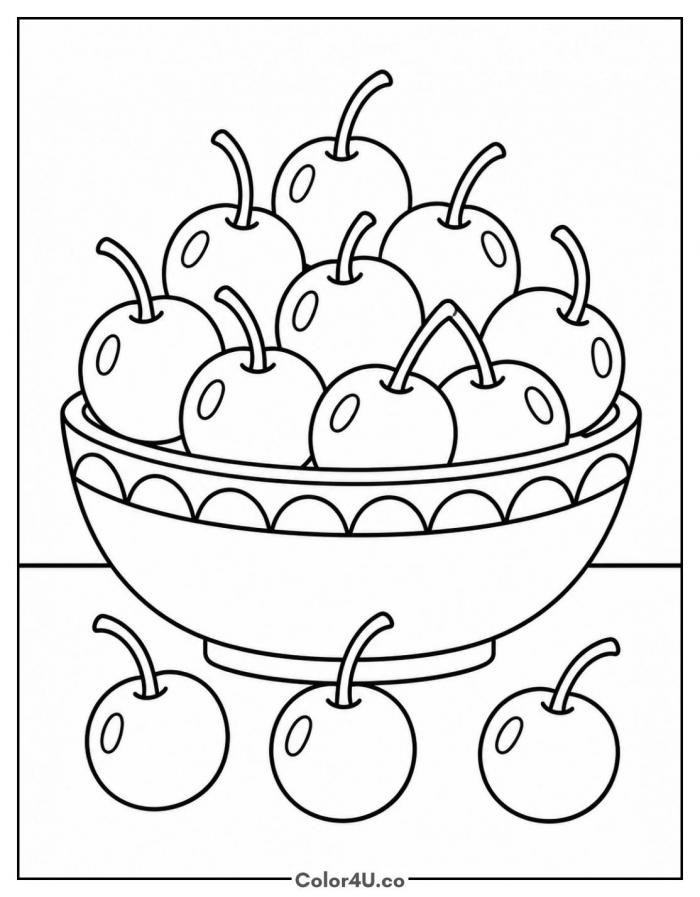 Bowl of fresh cherries on a table, medium cherry coloring page, free printable