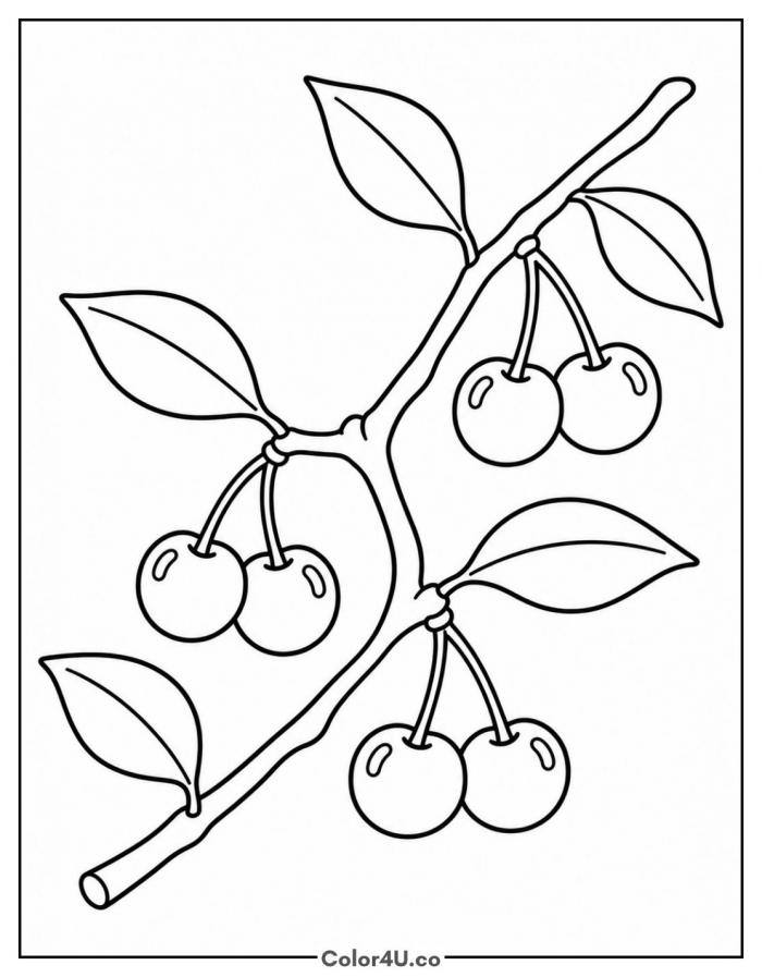 Cherry branch with hanging fruit and leaves, easy cherry coloring page, free printable