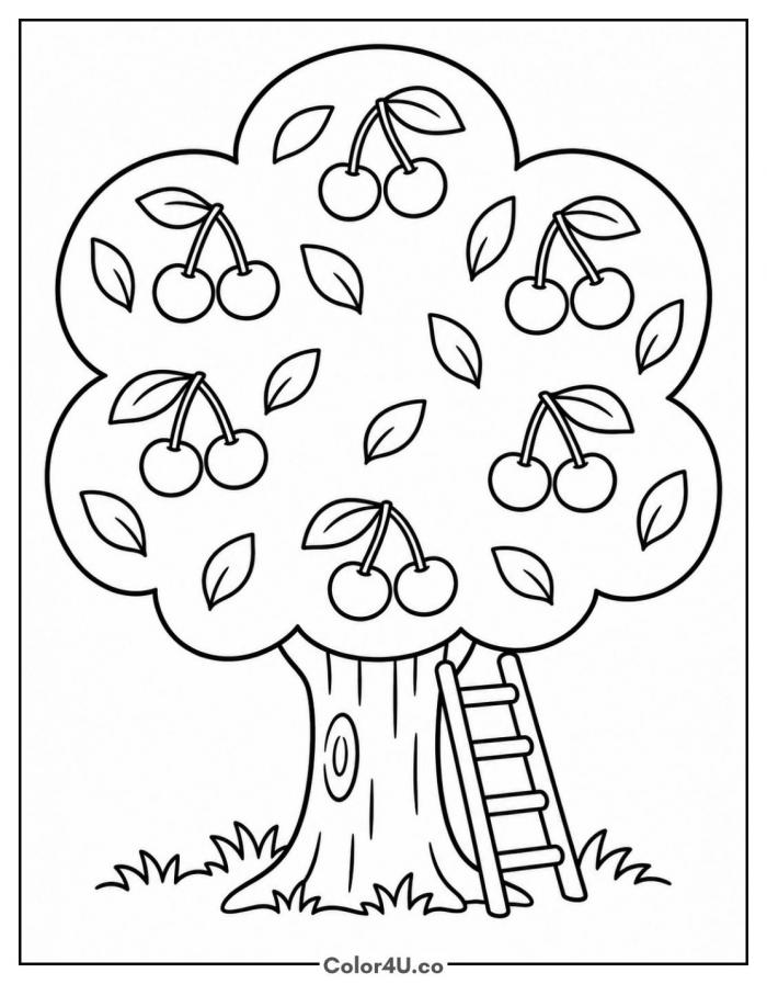 Cherry tree full of fruit with a ladder, medium cherry coloring page, free printable