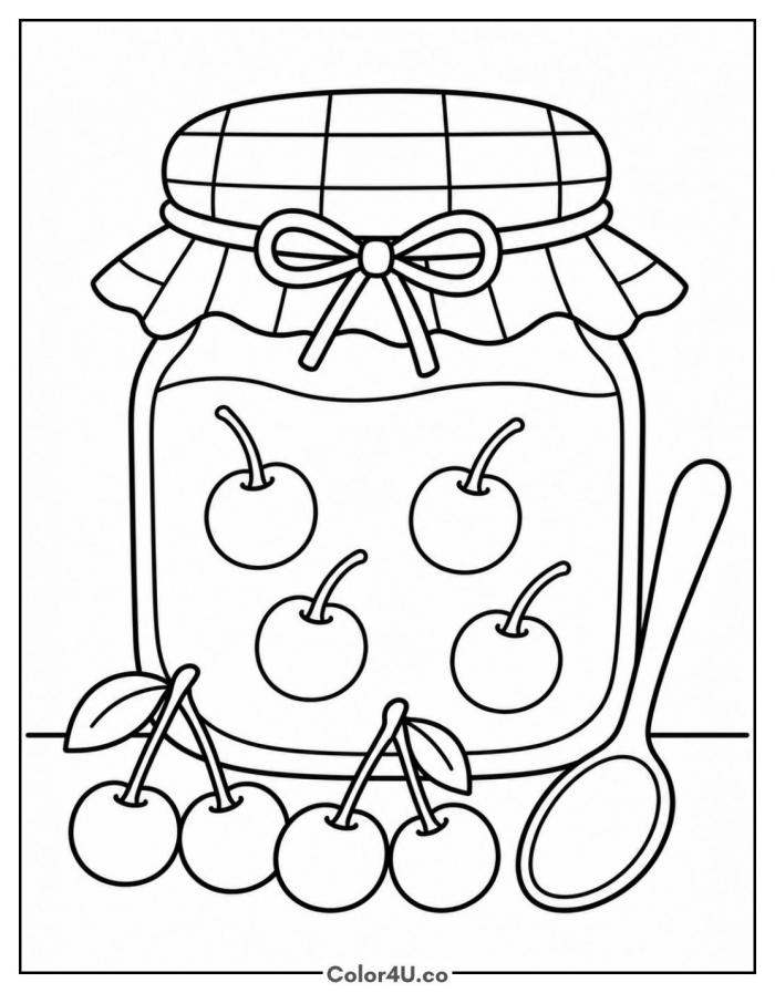Cherry jam jar with gingham lid and spoon, medium cherry coloring page, free printable