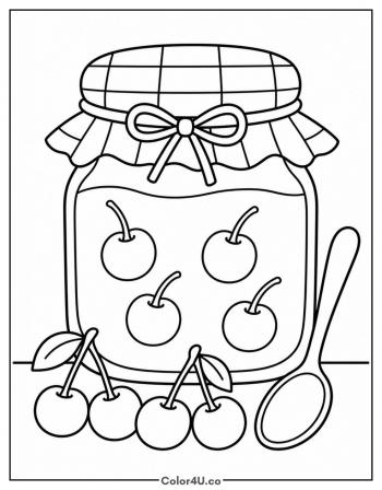 Cherry Jam Jar with a Spoon coloring page