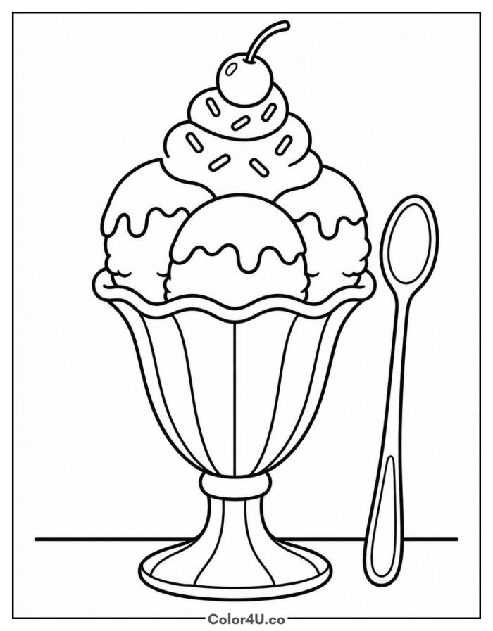 Ice cream sundae with a cherry on top, easy cherry coloring page, free printable