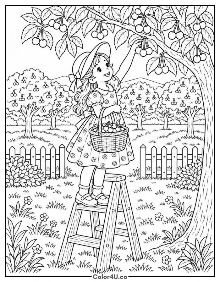 Girl picking cherries on a ladder in an orchard, detailed cherry coloring page, free printable