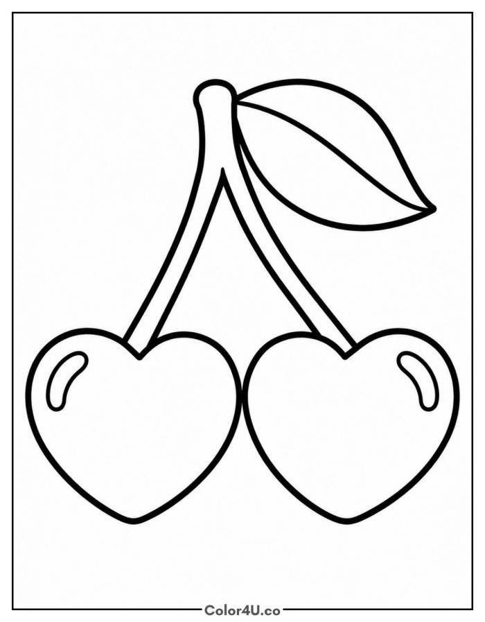 Heart-shaped cherries on one stem, easy cherry coloring page, free printable