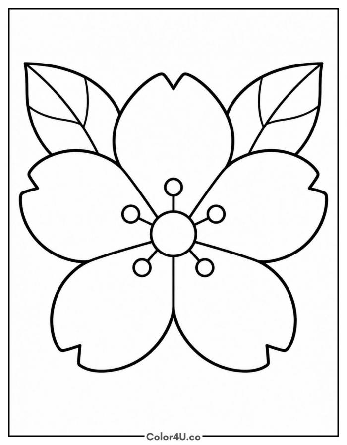Single cherry blossom flower with leaves, easy cherry coloring page, free printable