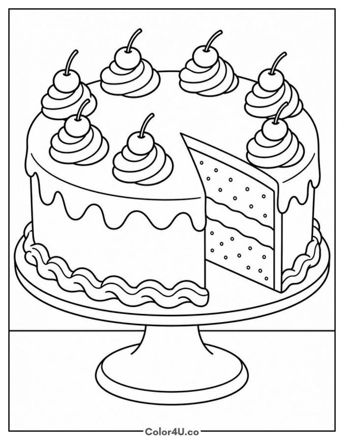 Cherry cake with whipped cream on a stand, medium cherry coloring page, free printable