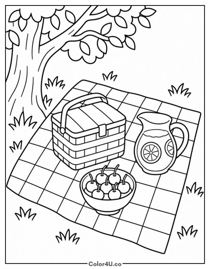 Cherry picnic on a checkered blanket under a tree, detailed cherry coloring page, free printable
