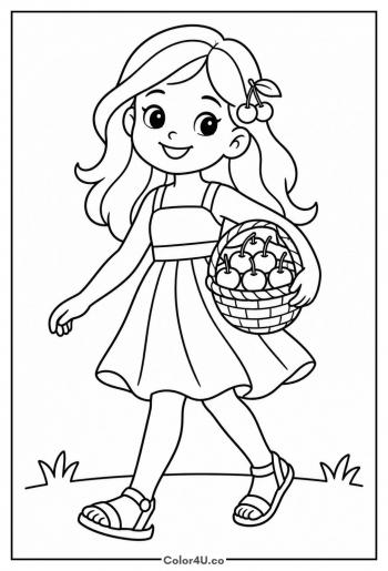 Girl Carrying a Basket of Cherries coloring page