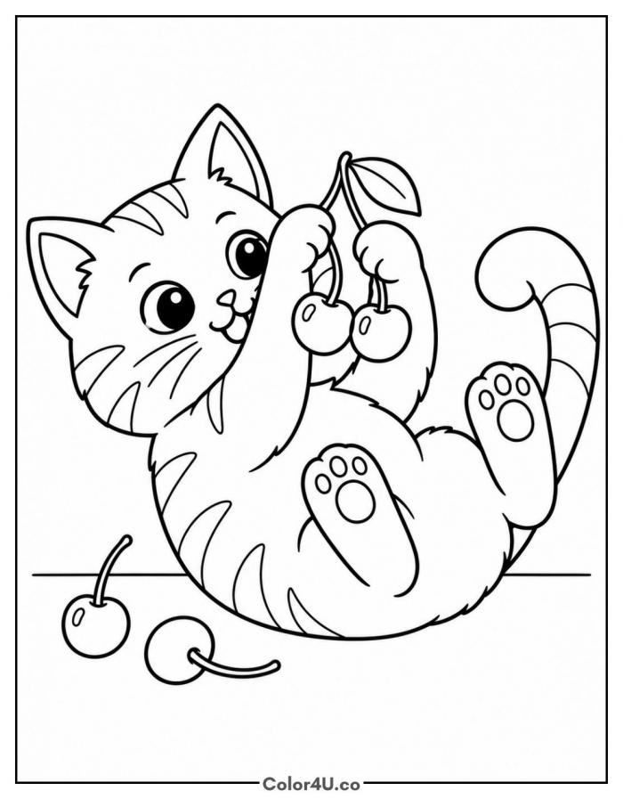 Kitten playing with cherries, easy cherry coloring page, free printable