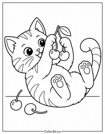 Kitten Playing with Cherries coloring page