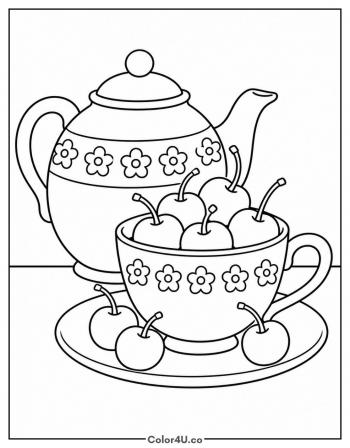 Cherries in a Teacup coloring page