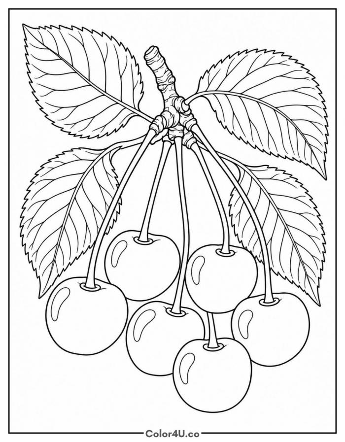 Realistic cherry cluster with leaves, medium cherry coloring page, free printable