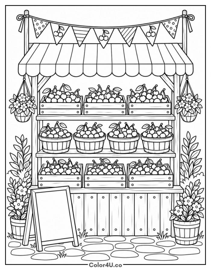 Cherry stand at the farmers market, detailed cherry coloring page, free printable