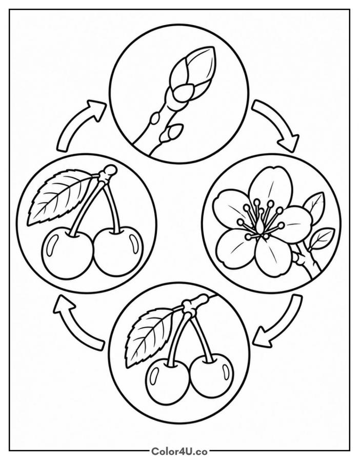 Cherry life cycle from blossom to fruit, medium cherry coloring page, free printable