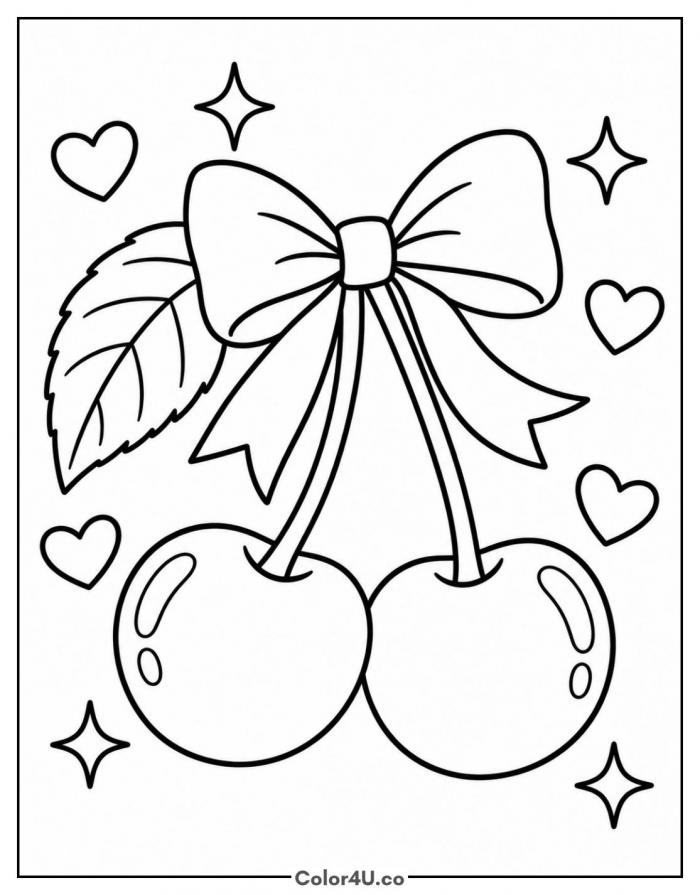 Cherries tied with a bow, easy cherry coloring page, free printable