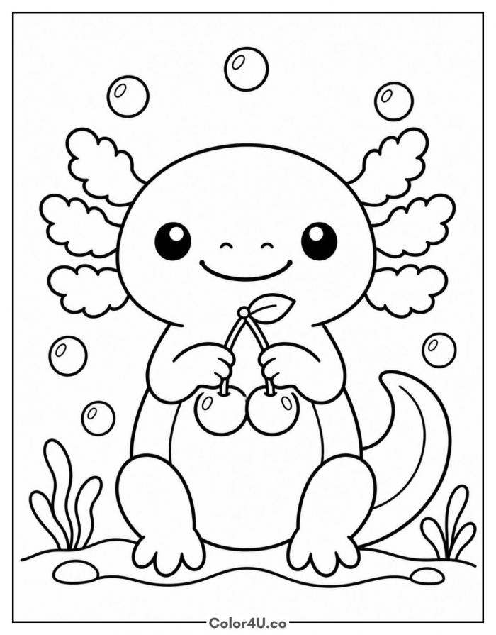 Axolotl holding a pair of cherries underwater, easy cherry coloring page, free printable