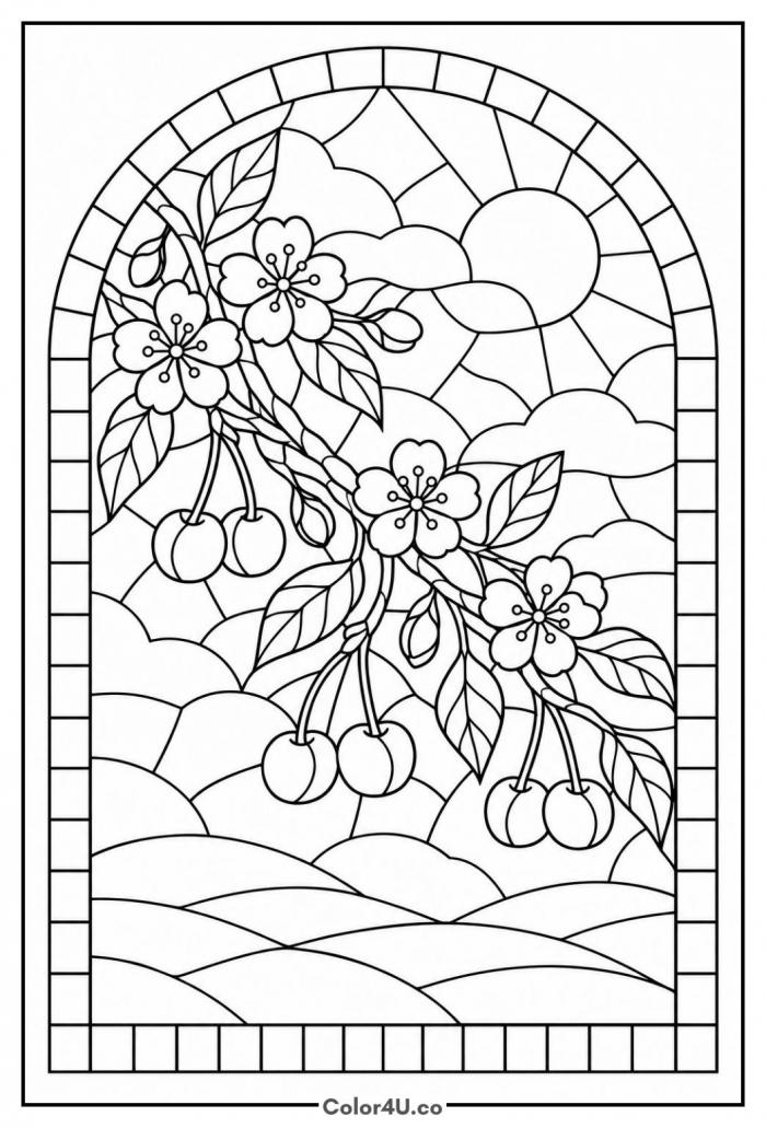Cherry stained glass window, detailed cherry coloring page, free printable