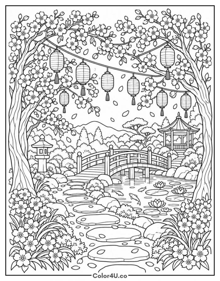 Cherry blossom festival with lanterns and a bridge, detailed cherry coloring page, free printable
