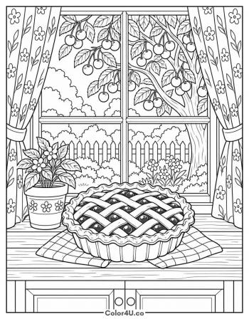 Cherry Pie Cooling on a Windowsill coloring page
