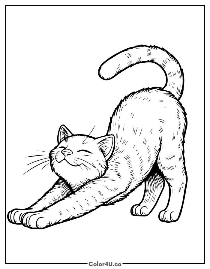 Cat in a stretching pose with arched back, detailed cat coloring page, free printable
