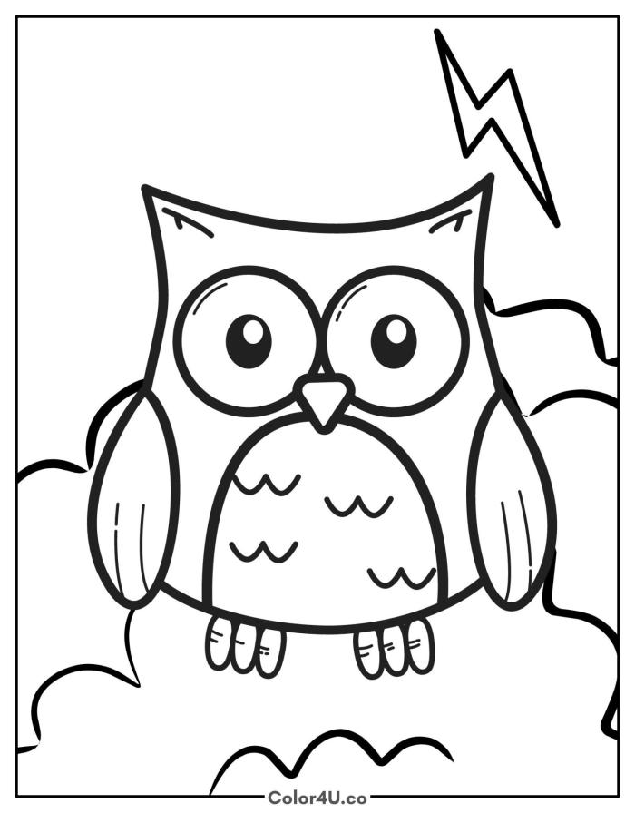 Cartoon owl standing on a cloud with lightning, easy owl coloring page, free printable