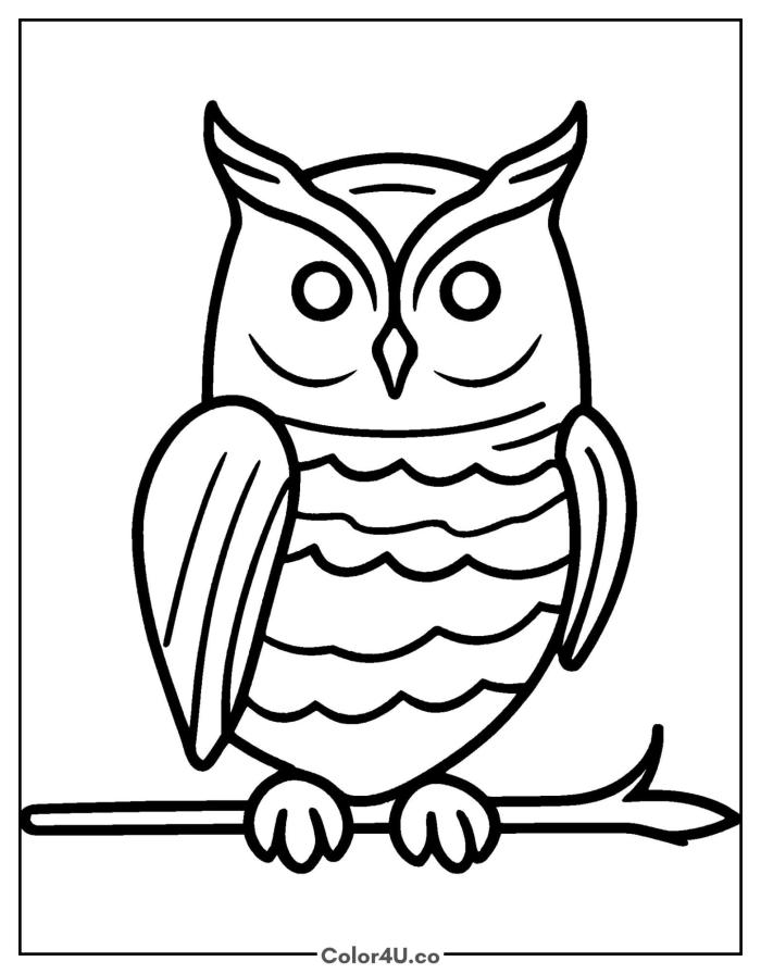 Simple owl perching on a branch, easy owl coloring page, free printable