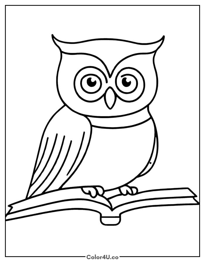 Owl sitting on an open book, easy owl coloring page, free printable