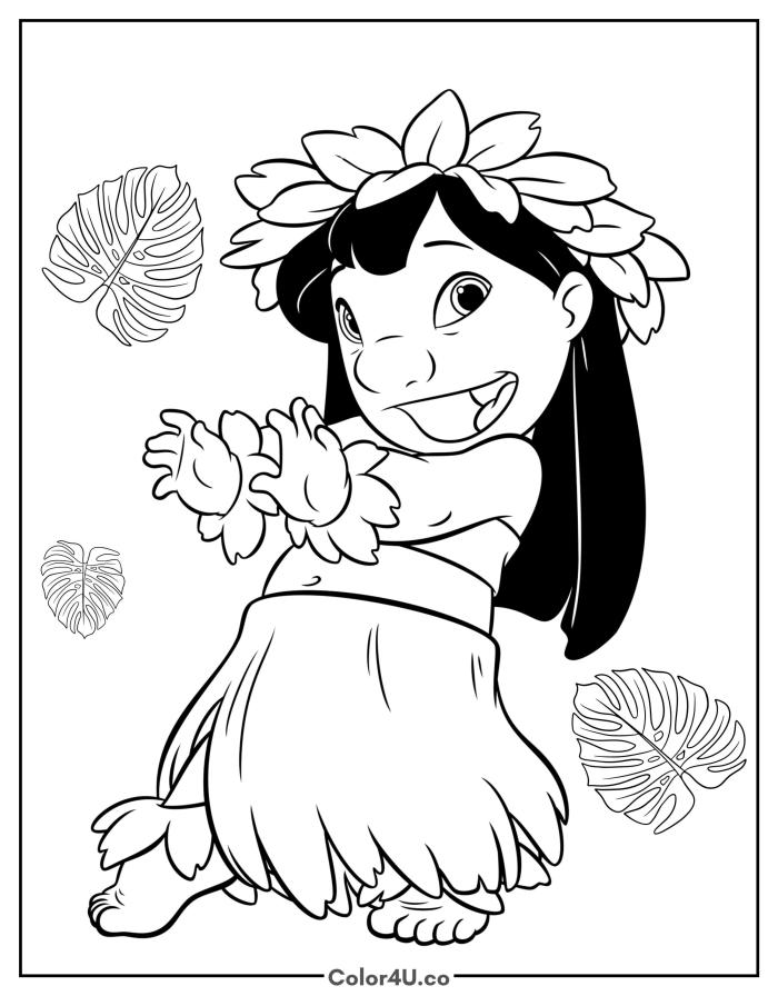 Lilo hula dancing in flower crown and grass skirt, medium Disney coloring page, free printable