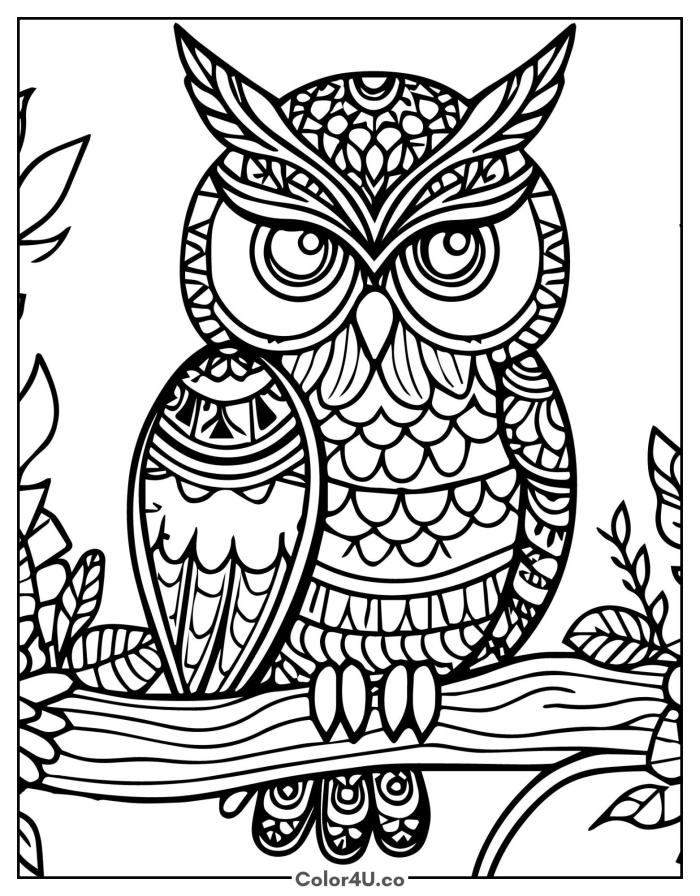 Detailed mandala owl perching on a branch, detailed owl coloring page, free printable
