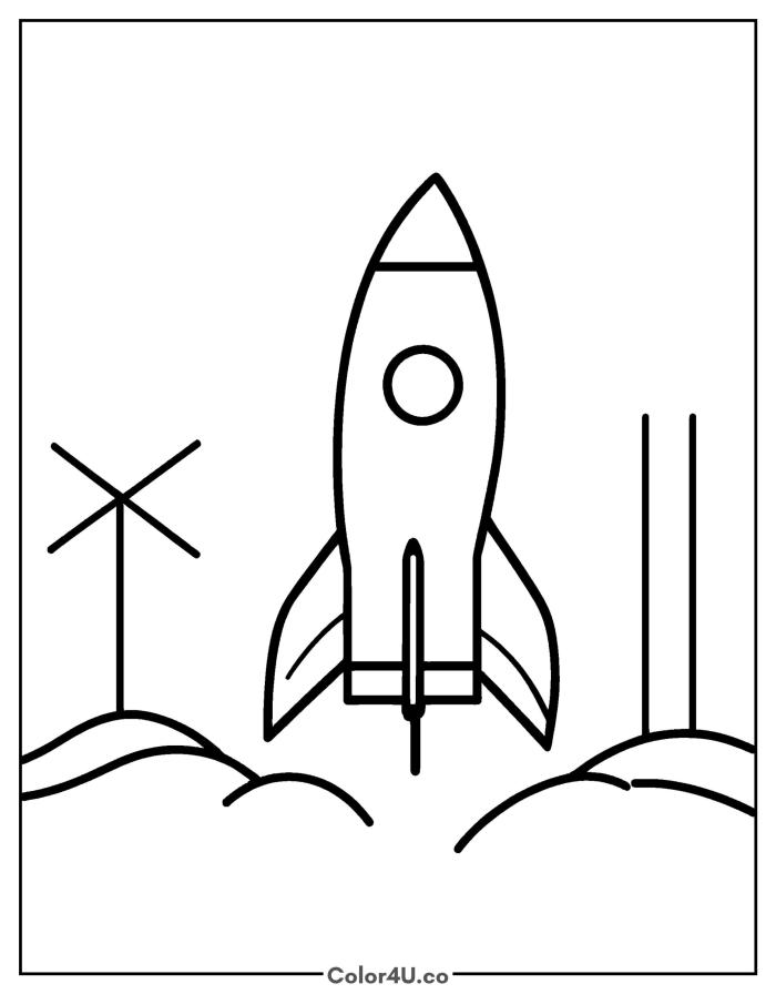 Rocket taking off from launchpad with smoke and wind turbine, easy Rocket coloring page, free printable