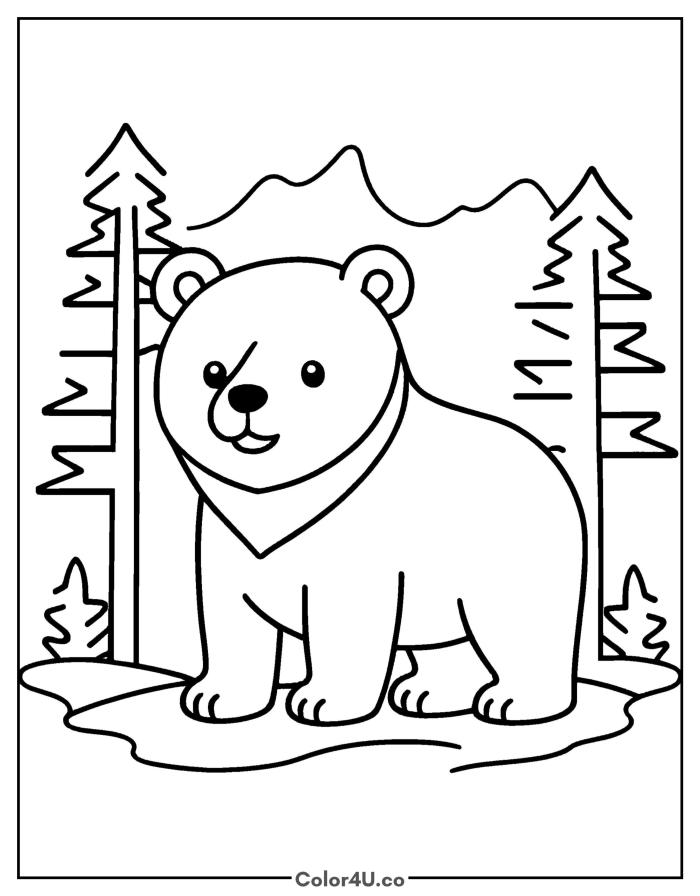 Bear standing in a forest with mountains in the background, medium bear coloring page, free printable