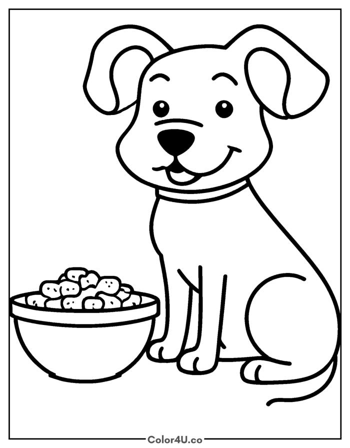 Happy dog sitting beside a full food bowl, easy dog coloring page, free printable