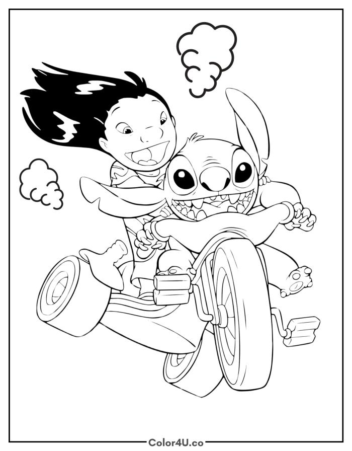 Stitch and Lilo riding a motorcycle together, medium Disney coloring page, free printable