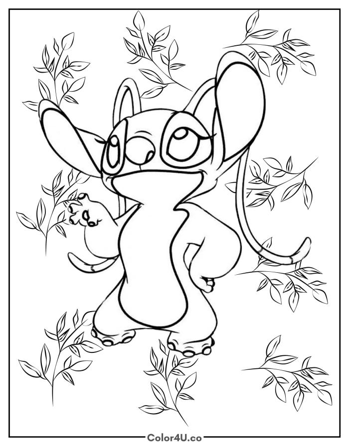 Angel from Lilo & Stitch posing among leaf branches, medium Disney coloring page, free printable