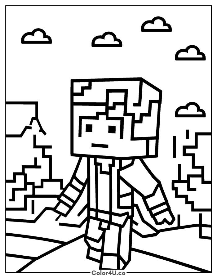 Alex walking through a Minecraft landscape with mountains, detailed Minecraft coloring page, free printable