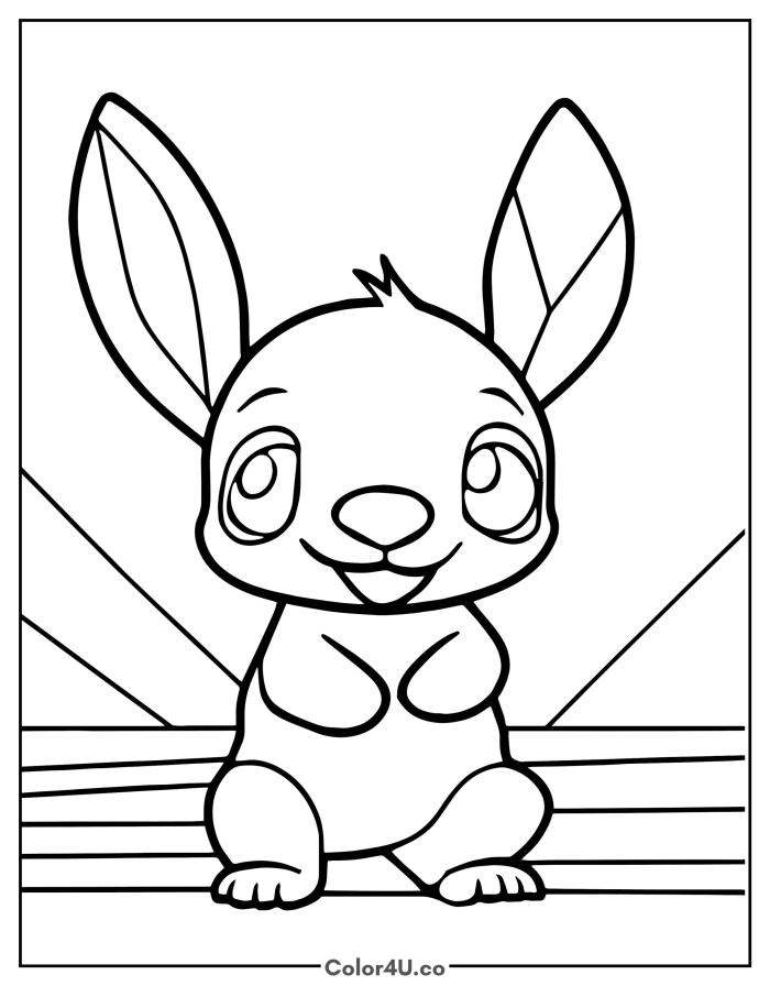 Chibi Stitch with big round eyes and a sunburst background, easy Disney coloring page, free printable