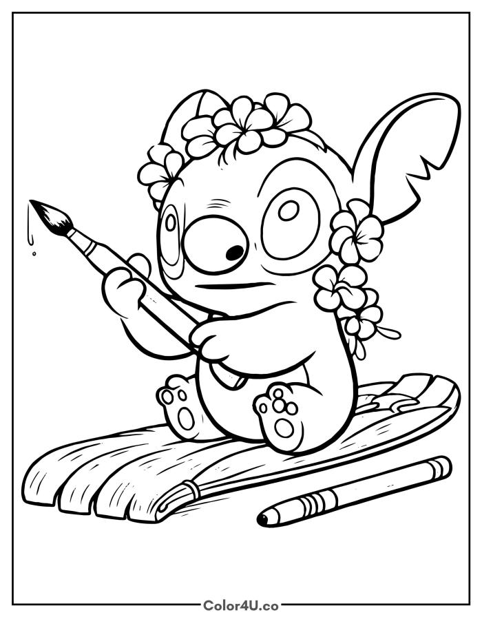 Stitch wearing a flower crown and holding a paintbrush on a surfboard, medium Disney coloring page, free printable