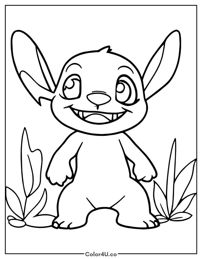Stitch grinning with a big smile between tropical plants, medium Disney coloring page, free printable