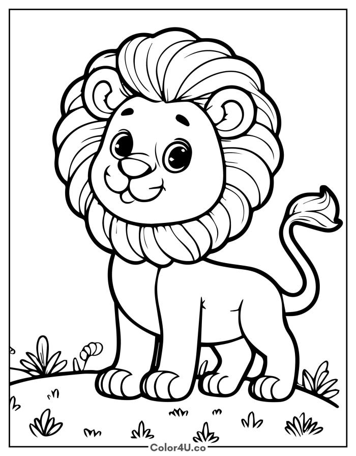 Young lion cub standing on grass, medium lion coloring page, free printable