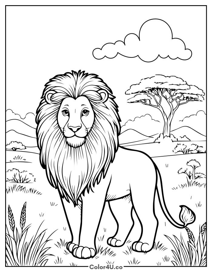 Adult male lion standing on the savanna with acacia tree, detailed lion coloring page, free printable