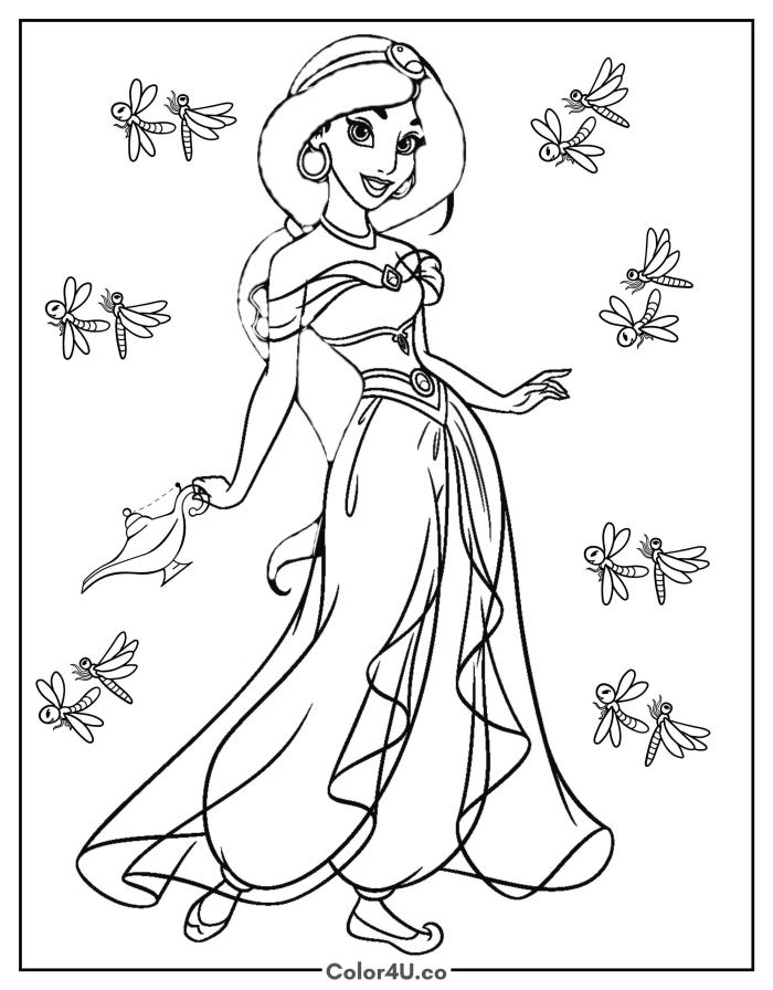 Jasmine holding the magic lamp with dragonflies, medium Disney coloring page, free printable