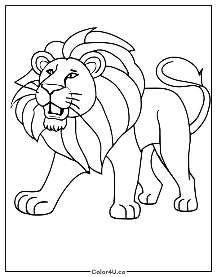 Male lion walking and roaring with open mouth, medium lion coloring page, free printable