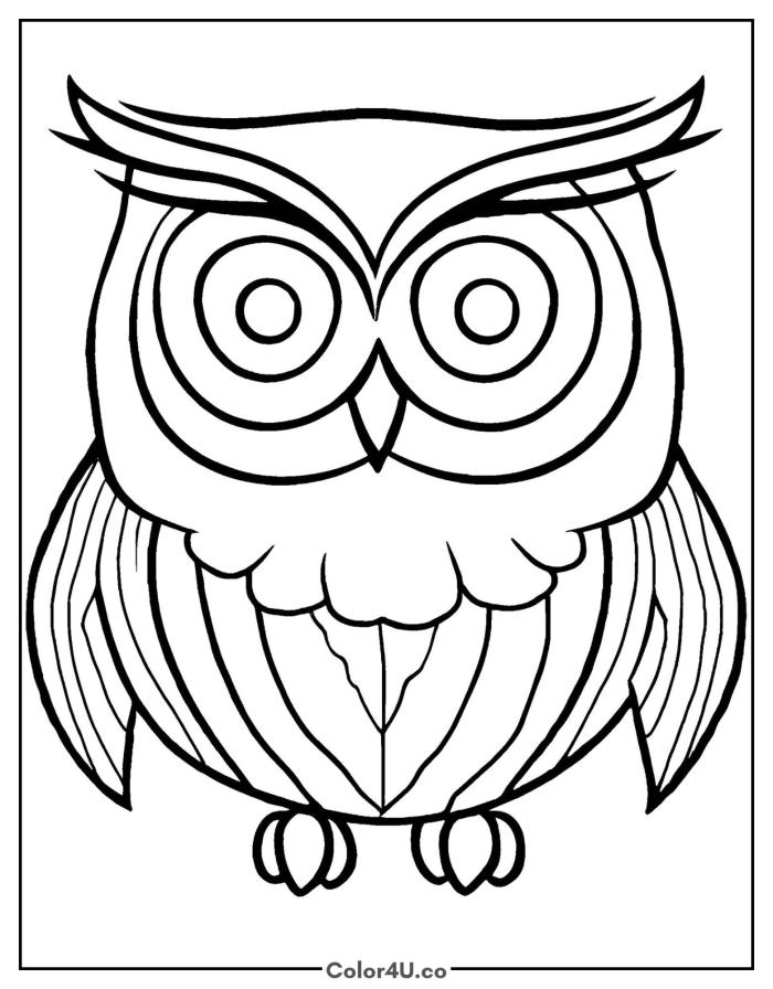 Close-up cartoon owl with large concentric eyes, medium owl coloring page, free printable